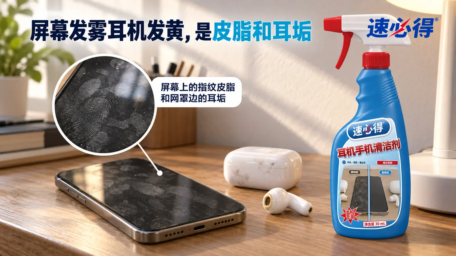 示意图：速必得耳机手机清洁剂——一张家常木质书桌，侧光斜照下一部关机黑屏的通用造型手机（无标志）平放在桌上，屏幕上的指纹和皮脂印清楚可见