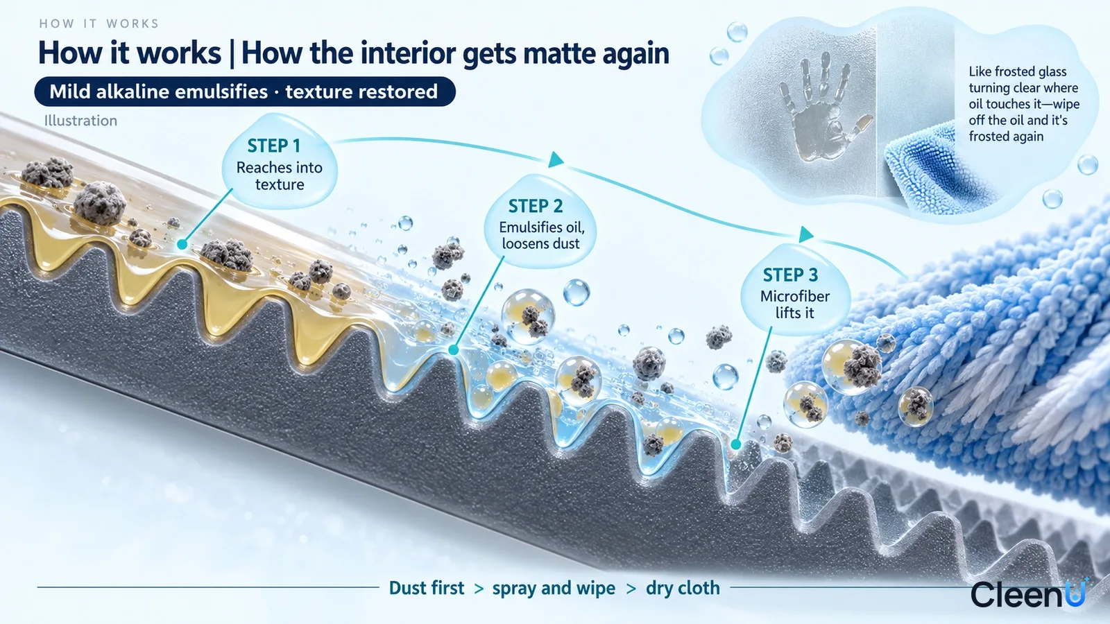 Illustration: A textured surface cross-section, gray particles, drops and a blue cleaning cloth.