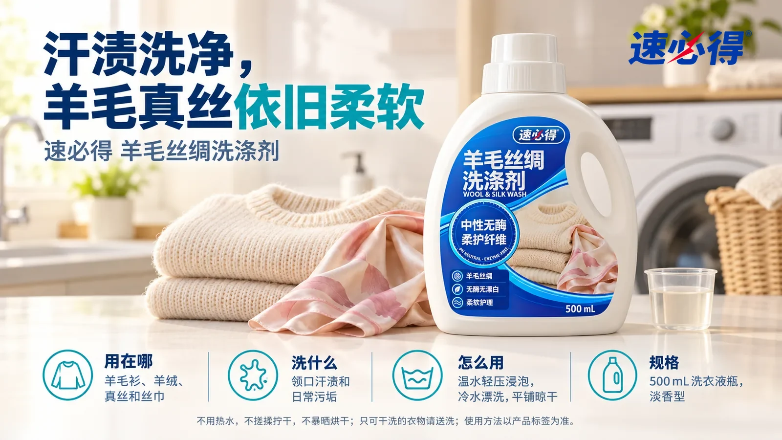 示意图：速必得羊毛丝绸洗涤剂盖好量杯盖站在画面右侧约三分之一处的洗衣台上，旁边一件叠好的米白羊绒衫和一条粉色真丝丝巾（没有品牌标志），标题“汗渍洗净，羊毛真丝依旧柔软”