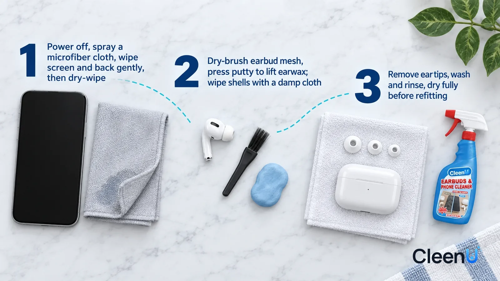 Illustration: CleenU Earbuds & Phone Cleaner — an overhead shot straight down onto a light marble tabletop, no bottle and no hands: (1) a powered-off generic phone (no logo) and a folded