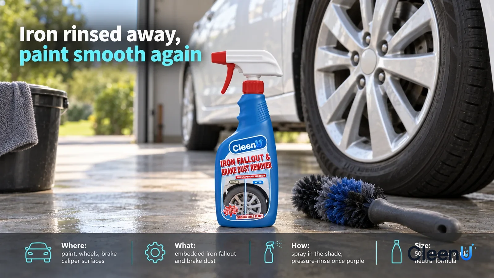 Illustration: CleenU Iron Fallout & Brake Dust Remover stands centered on the ground at the garage entrance, a soft wheel brush beside it