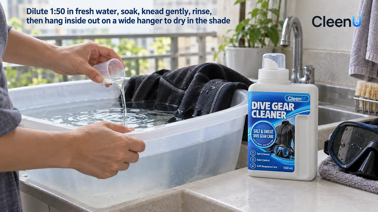 Illustration: CleenU Dive Gear Cleaner — one hand holds a separate small clear measuring cup (no printed numbers) and pours a little concentrate into a big plastic tub of fresh wate