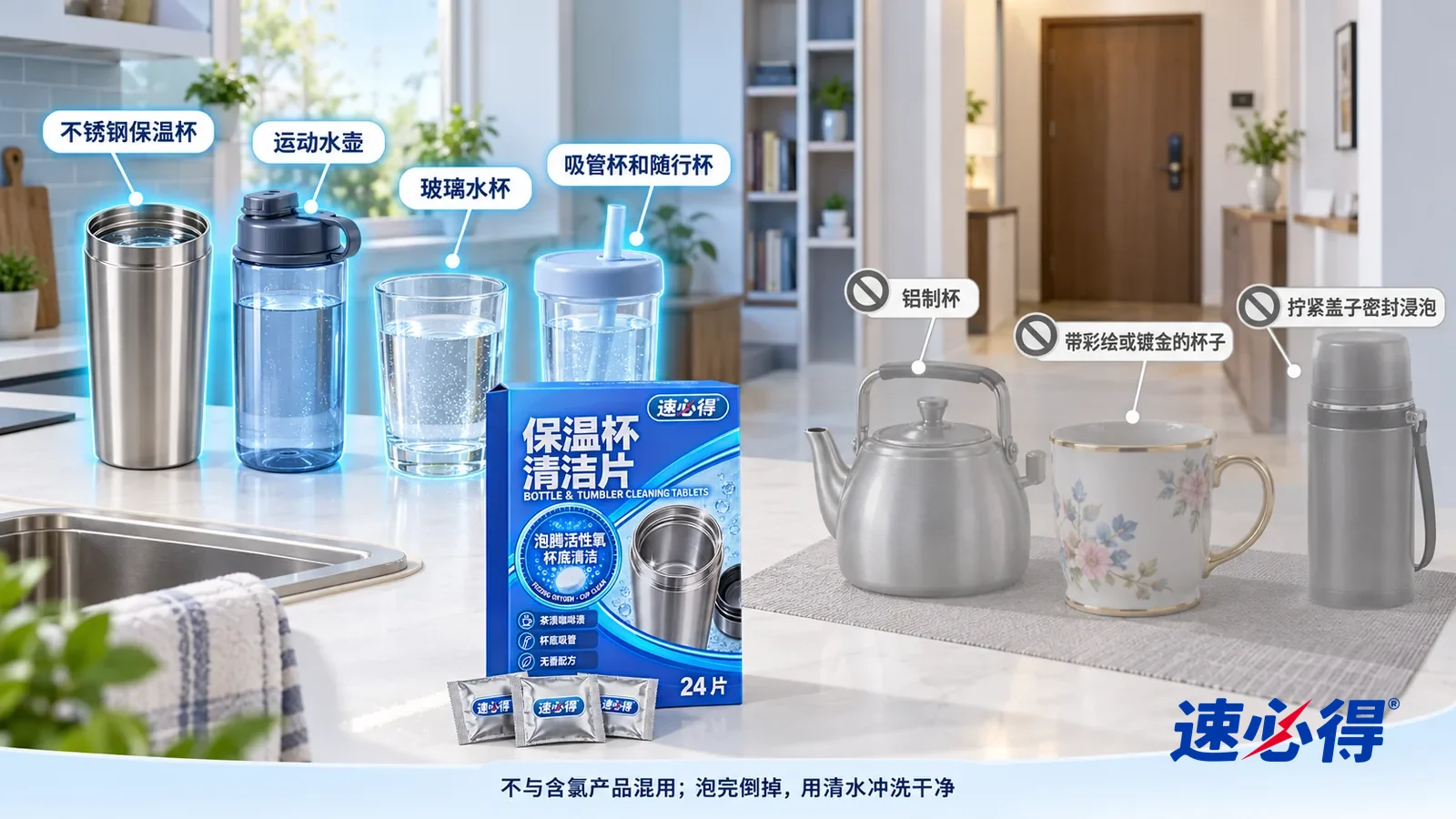 示意图：速必得保温杯清洁片——一张写实 3D 剖面实景图，一套明亮的家的厨房、书房和玄关区域，连续空间、一个视角：不锈钢保温杯、运动水壶、玻璃水杯