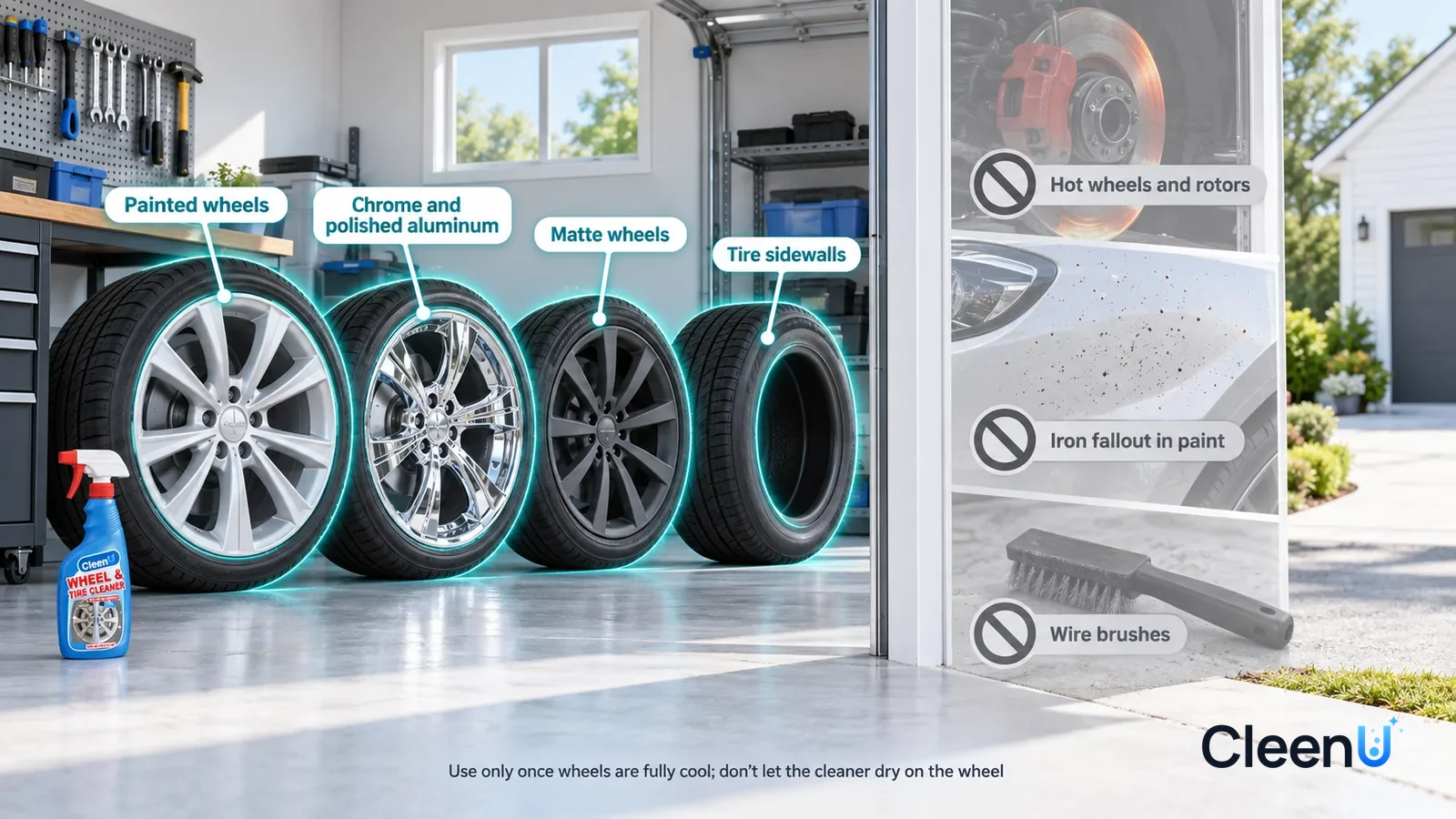 Illustration: CleenU Wheel & Tire Cleaner — A realistic 3D cutaway of a bright home garage and driveway, one continuous space from one viewpoint, no bottle: a silver painted wheel