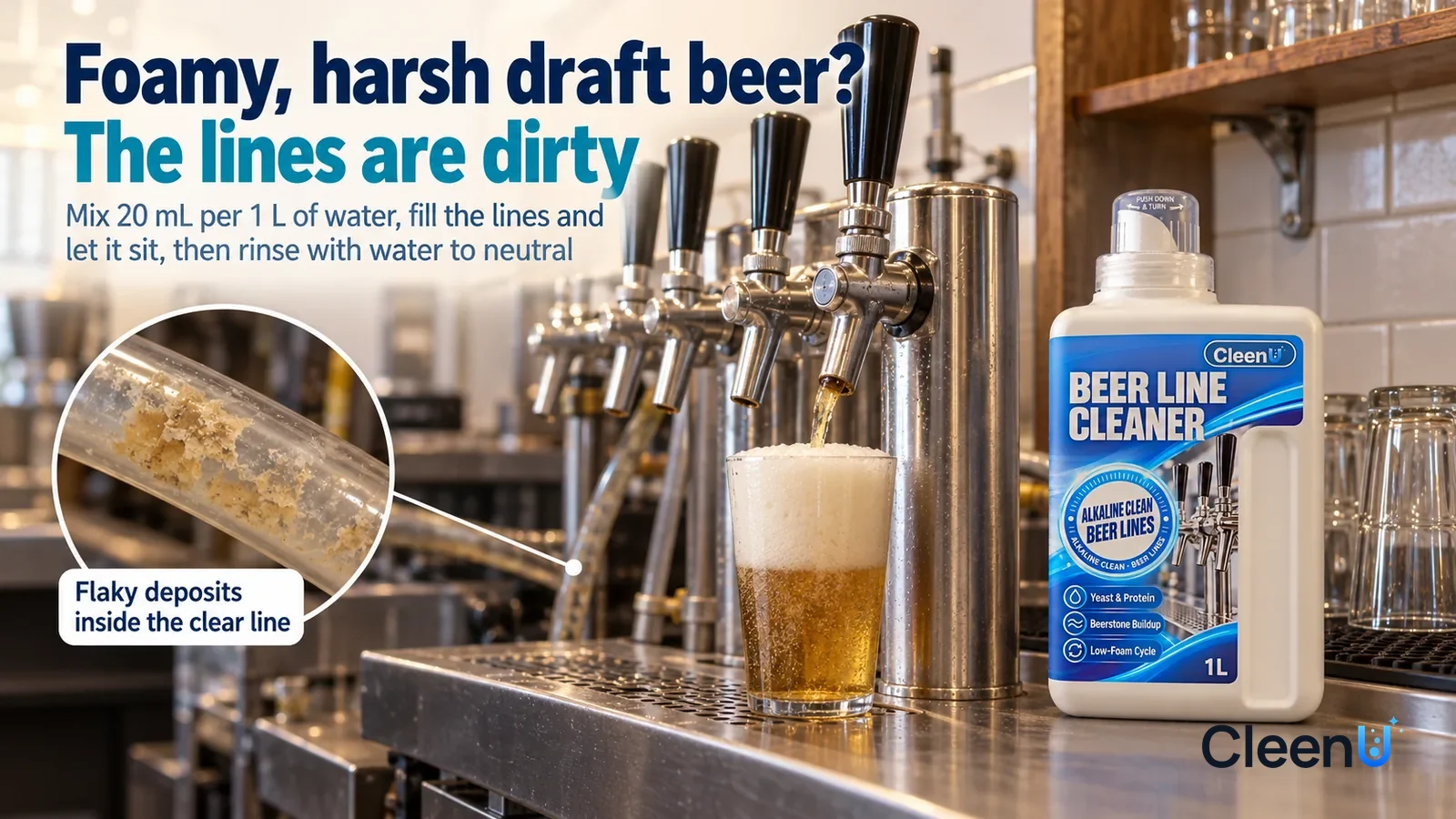 Illustration: CleenU Beer Line Cleaner — Behind the bar of a restaurant bar, a row of stainless-steel beer faucets with no markings and plain black handles Headline: "Foamy, harsh draft beer? The line