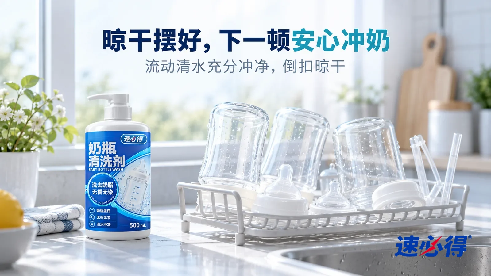 示意图：速必得奶瓶清洗剂——清晨明亮的厨房窗边，一只沥水架上倒扣着几只透亮干净的奶瓶、奶嘴和吸管，柔和晨光透过奶瓶在台面上投下浅浅的光影，标题“晾干摆好，下一顿安心冲奶”
