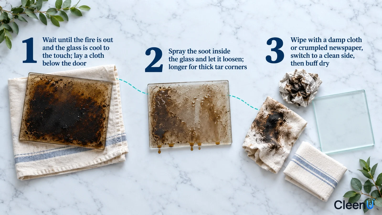 Illustration: Soot-marked glass samples, soiled cloths and a clearer glass sample with numbered steps.