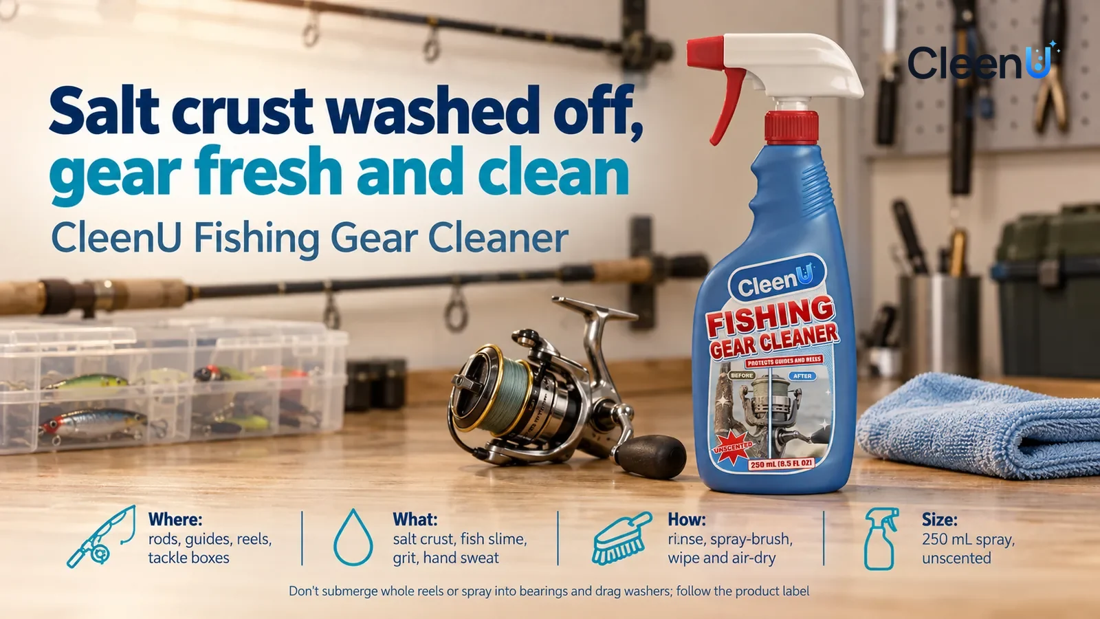 Illustration: CleenU Fishing Gear Cleaner stands in the right third of the frame on the garage workbench, beside it a clean spinning reel and a folded microfiber cloth Headline: "Salt crust washed off