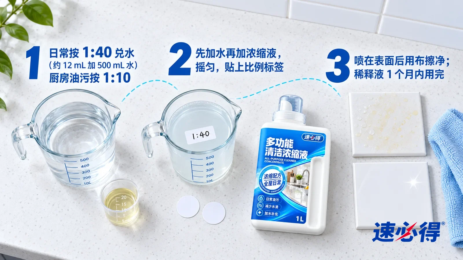 示意图：速必得多功能清洁浓缩液——保持同一厨房的白色石英石台面、白色釉面墙砖、浅蓝超细纤维布；只表现日常薄油膜，不变成重油垢