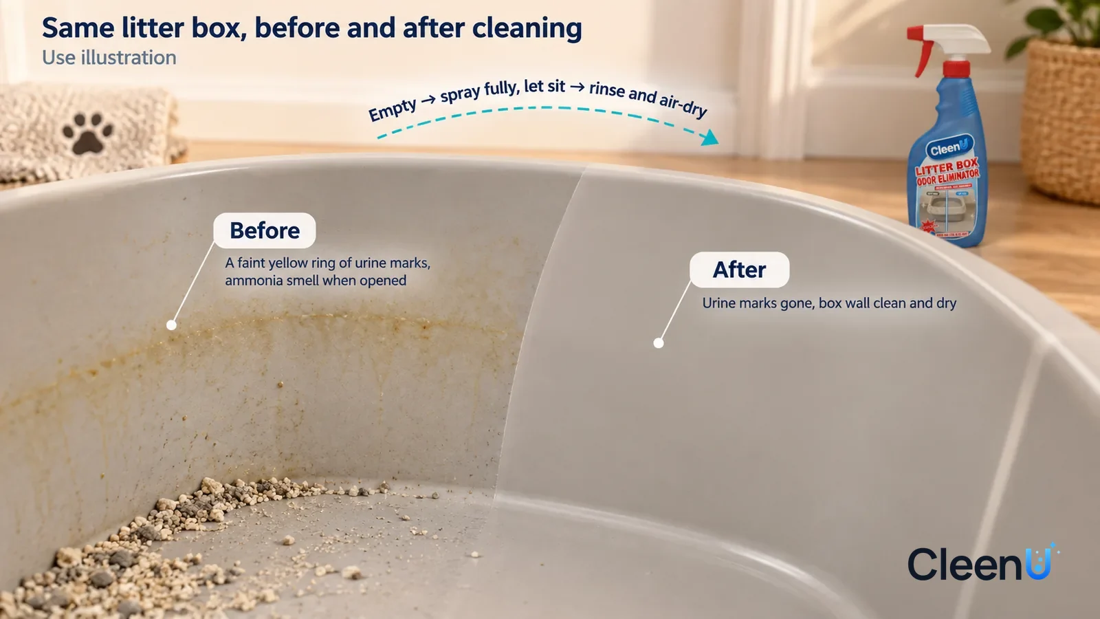 Illustration: CleenU Litter Box Odor Eliminator — A full-screen low-angle close-up of the inside wall of an emptied light grey litter box