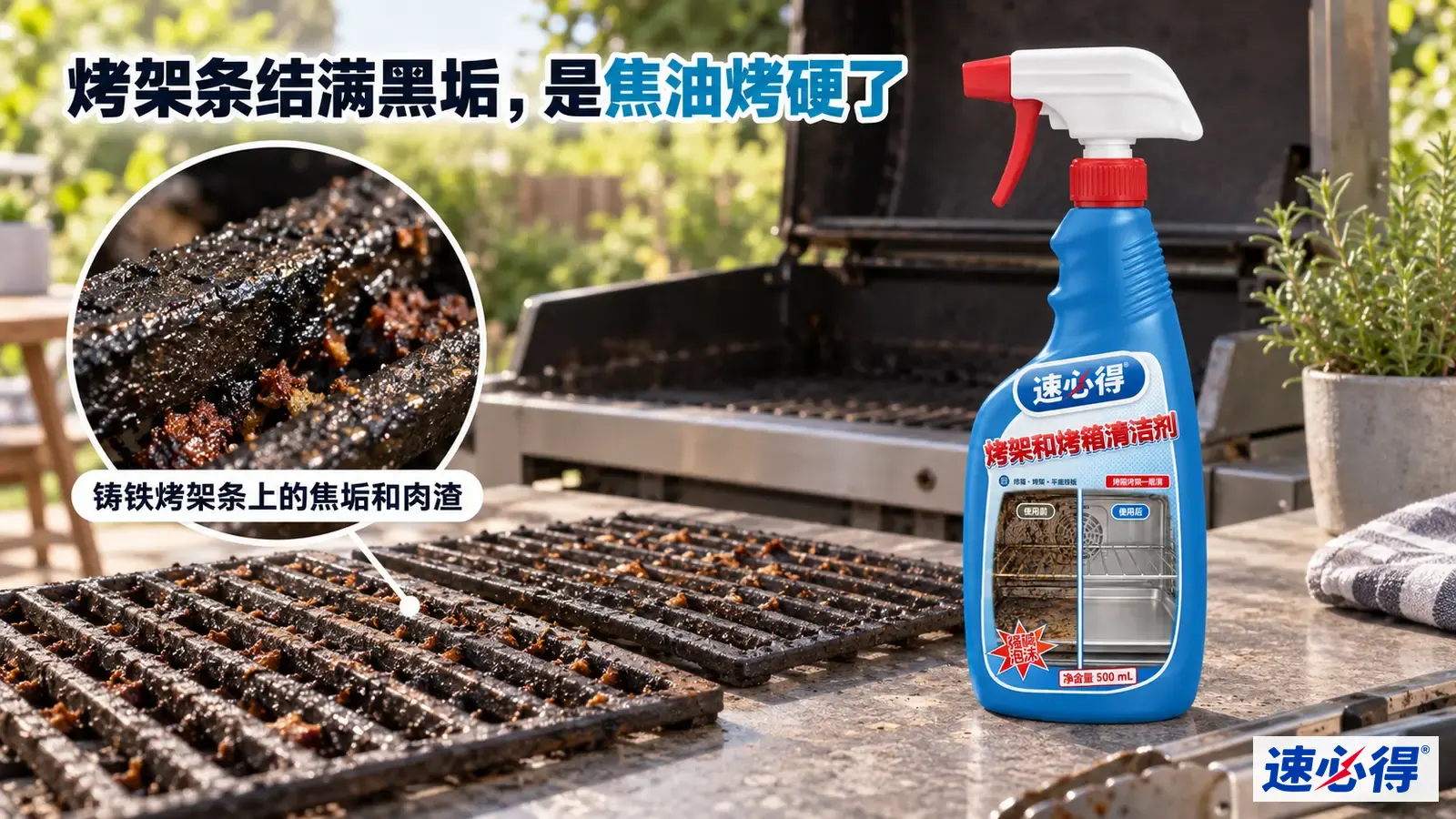 示意图：烧烤架上的黑色焦油垢、食物残渣和蓝色喷瓶。