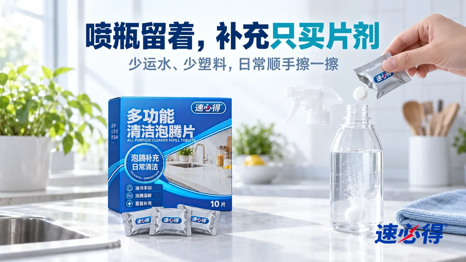 示意图：速必得多功能清洁泡腾片——清晨明亮的厨房，白色台面干净整洁，一块叠好的浅蓝超细纤维布放在台面边，窗边一盆绿植，柔和晨光从窗户斜照进来，标题“喷瓶留着，补充只买片剂”