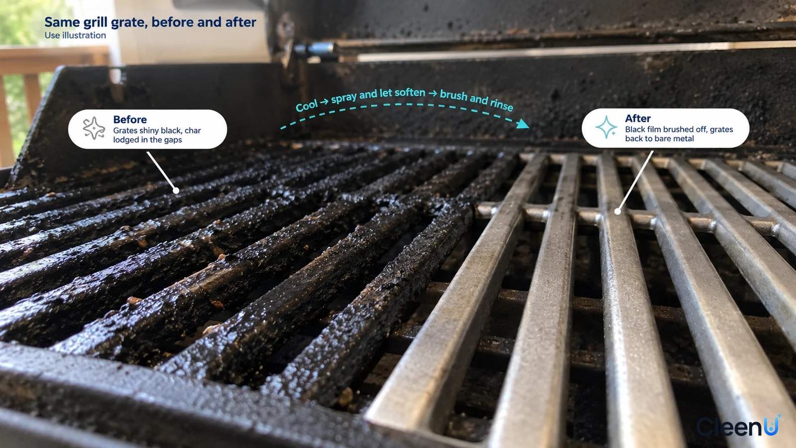 Illustration: Burnt-on residue and clearer metal on barbecue grates in an illustrated comparison, not a measured test.