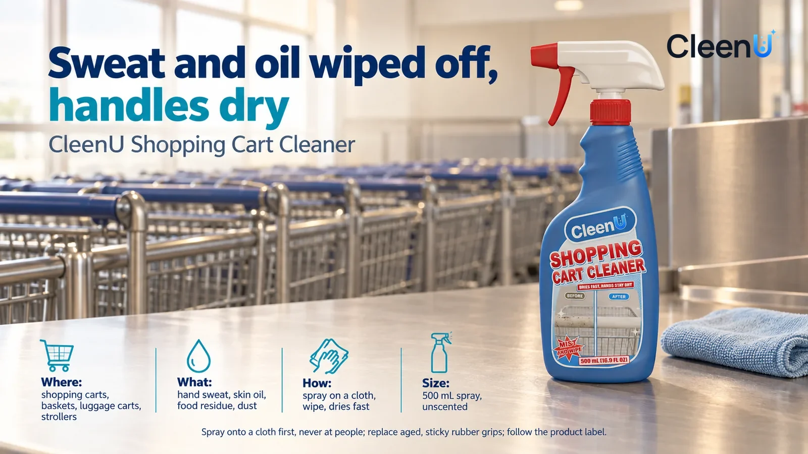 Illustration: CleenU Shopping Cart Cleaner stands in the right third of the frame on the stainless-steel service counter, a folded pale blue microfiber cloth beside it Headline: "Sweat and oil wiped o