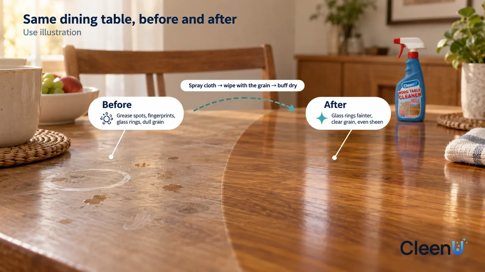 Illustration: CleenU Wood Table Cleaner & Polish — A full-screen low-angle close-up of a sealed solid-wood dining tabletop in the same side light: the untreated half has a few small grease sp