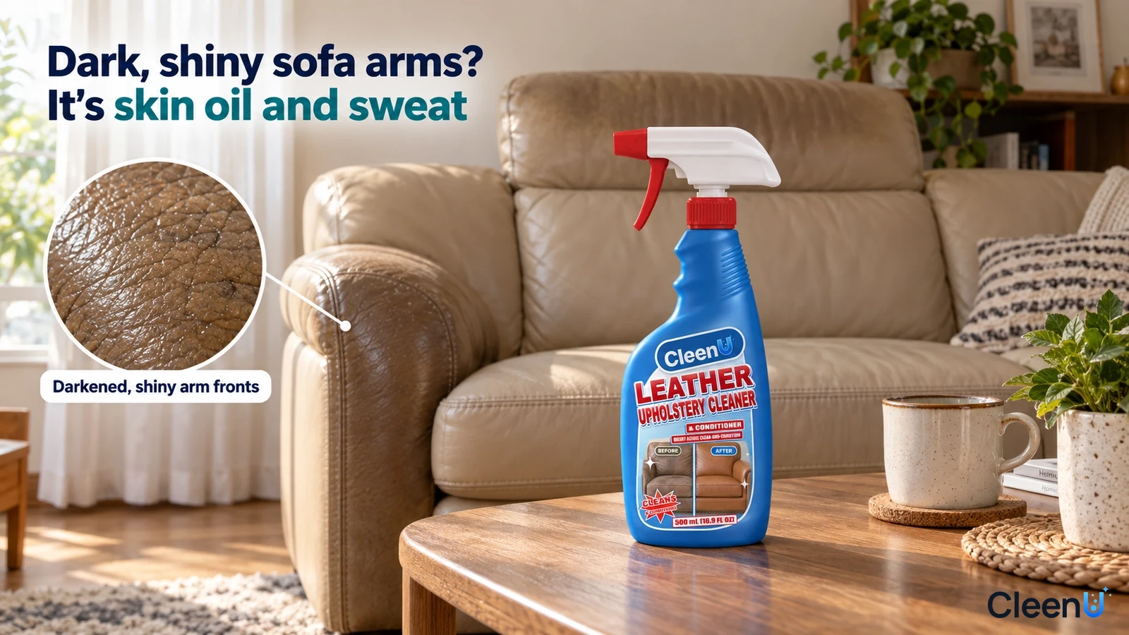 Illustration: A dark shiny area on a beige leather sofa arm beside a blue cleaner bottle.