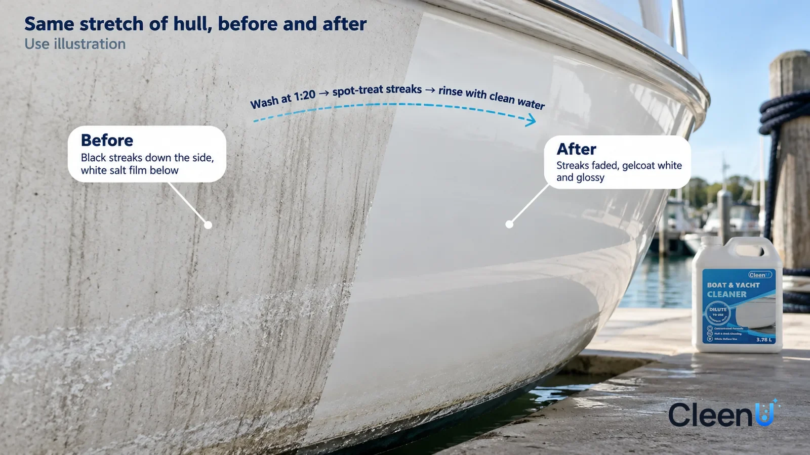 Illustration: CleenU Boat & Marine Cleaner — A full-screen low-angle close-up of a stretch of white fiberglass hull (no name or number) in the same raking light