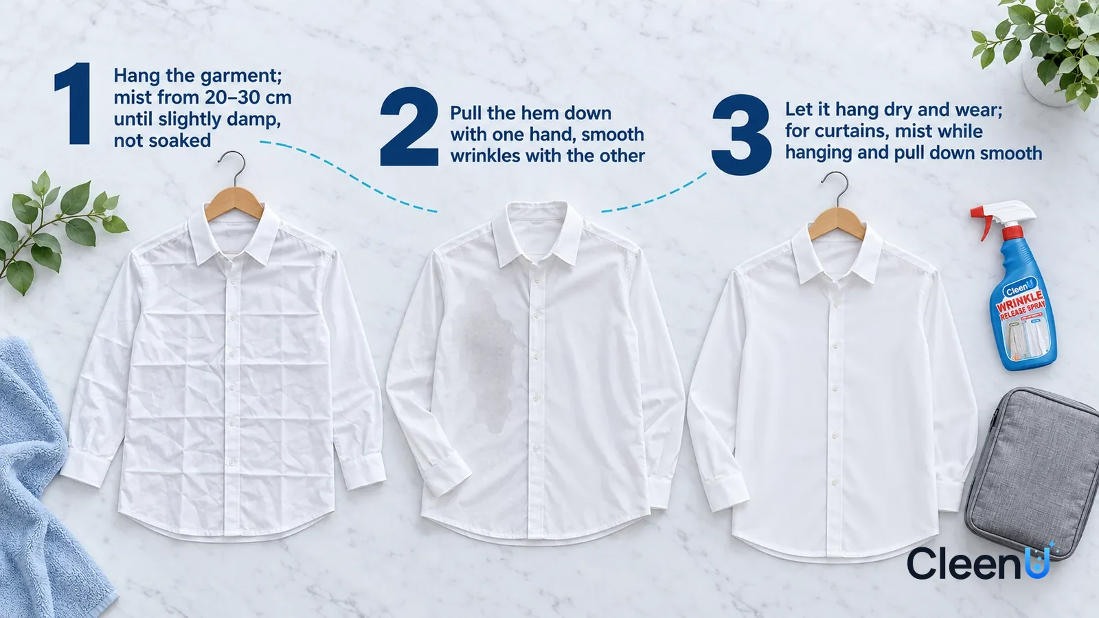 Illustration: CleenU Wrinkle Release Spray — an overhead shot straight down onto a light marble tabletop, no bottle and no hands: (1) a wooden hanger and a white cotton shirt laid flat