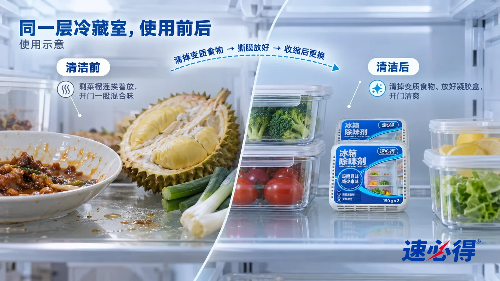 示意图:速必得冰箱除味剂(凝胶款)——整屏一层冷藏室玻璃隔板的低角度大近景,同一冷白灯光和包装盒:没处理的一侧摆着没盖的剩菜碟、敞着的切开榴莲和散放的葱