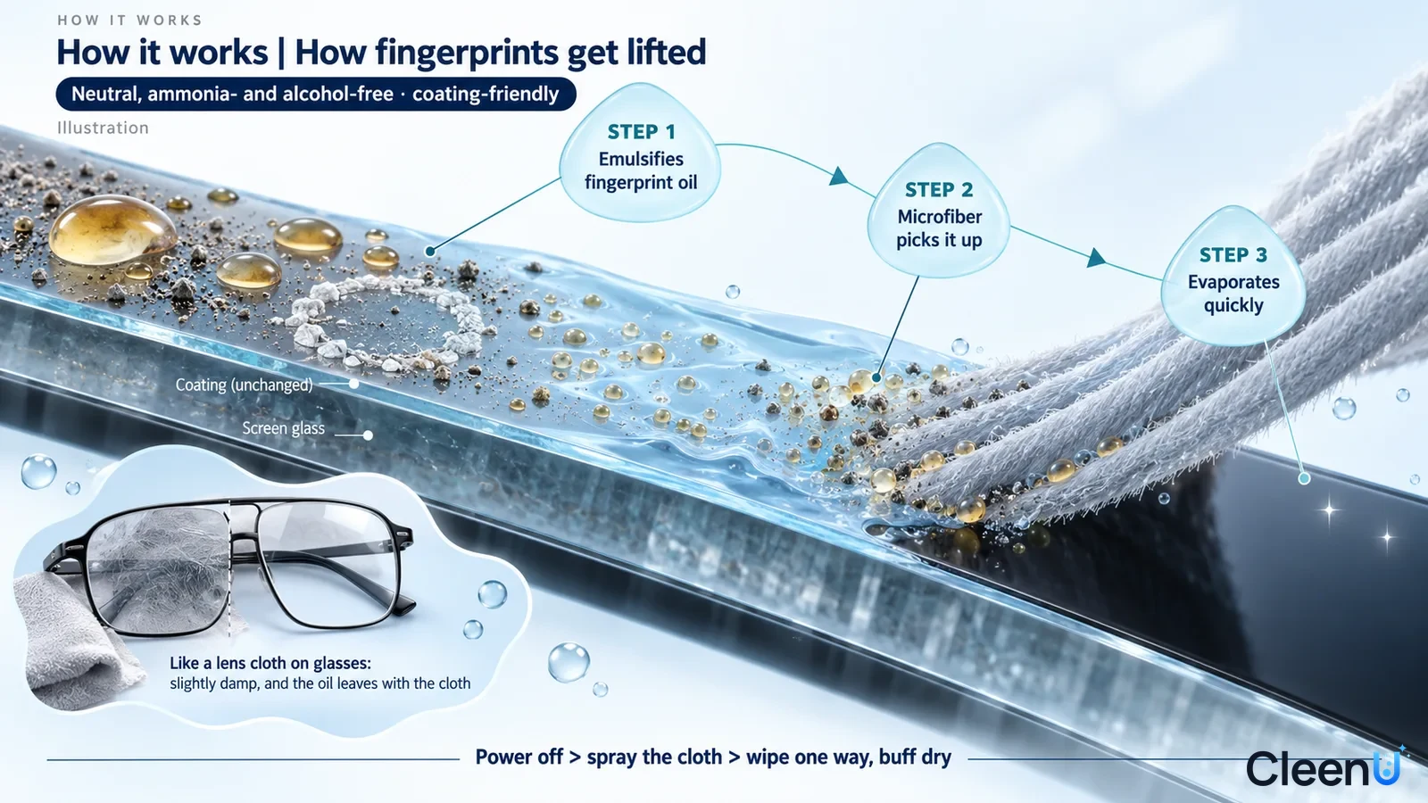 Illustration: A screen surface cross-section with oil drops, particles, liquid and a cleaning cloth.