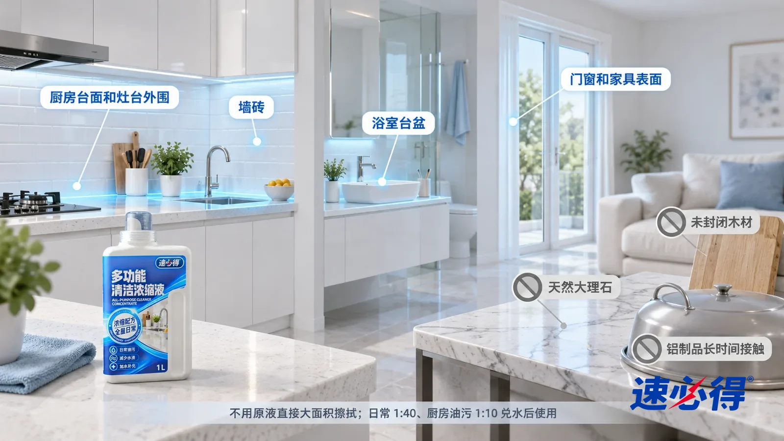 示意图：速必得多功能清洁浓缩液——保持同一厨房的白色石英石台面、白色釉面墙砖、浅蓝超细纤维布；只表现日常薄油膜，不变成重油垢