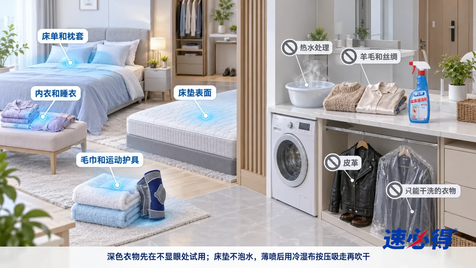 示意图:速必得血渍清洁剂——一张写实 3D 剖面实景图,一套明亮的家的卧室、洗衣间和玄关区域,连续空间、一个视角,床单和枕套、内衣和睡衣、毛巾和一副运动护膝