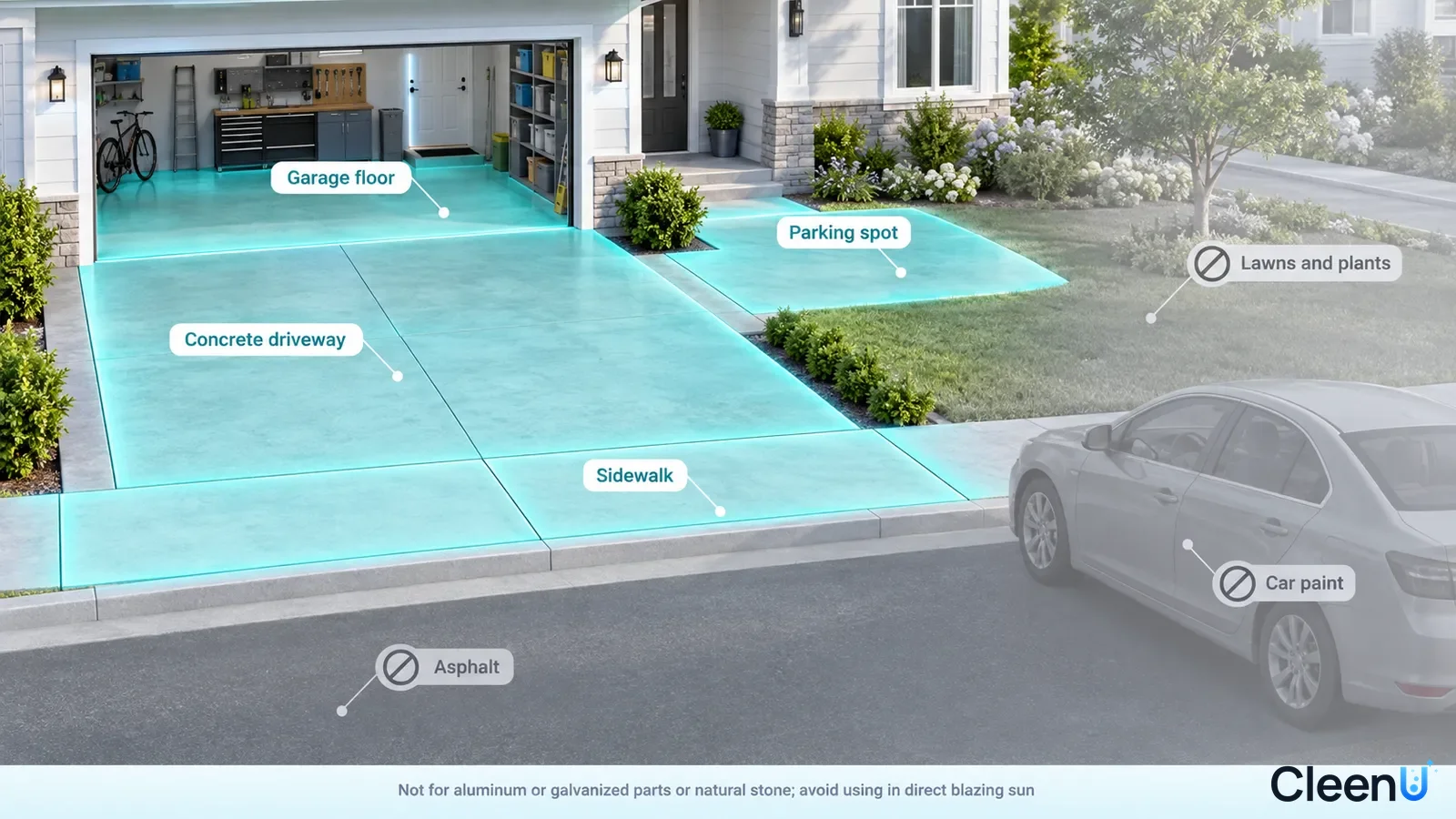 Illustration: Highlighted garage floor, driveway, sidewalk and parking area beside material precautions.