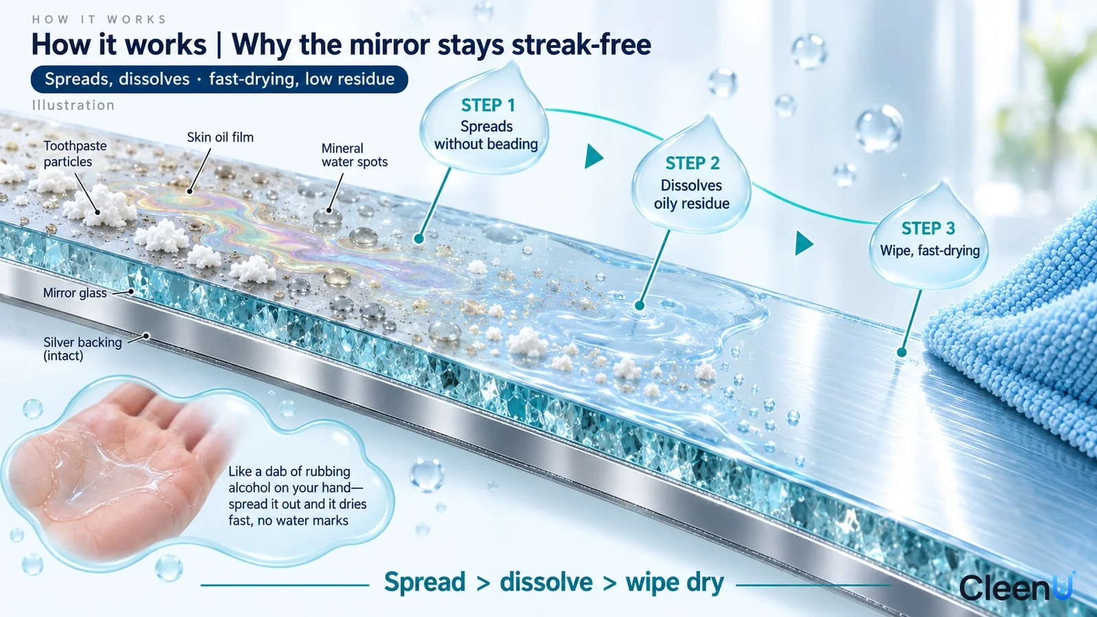 Illustration: A mirror cross-section, stain particles, drops, arrows and a blue cloth illustrating stain removal.