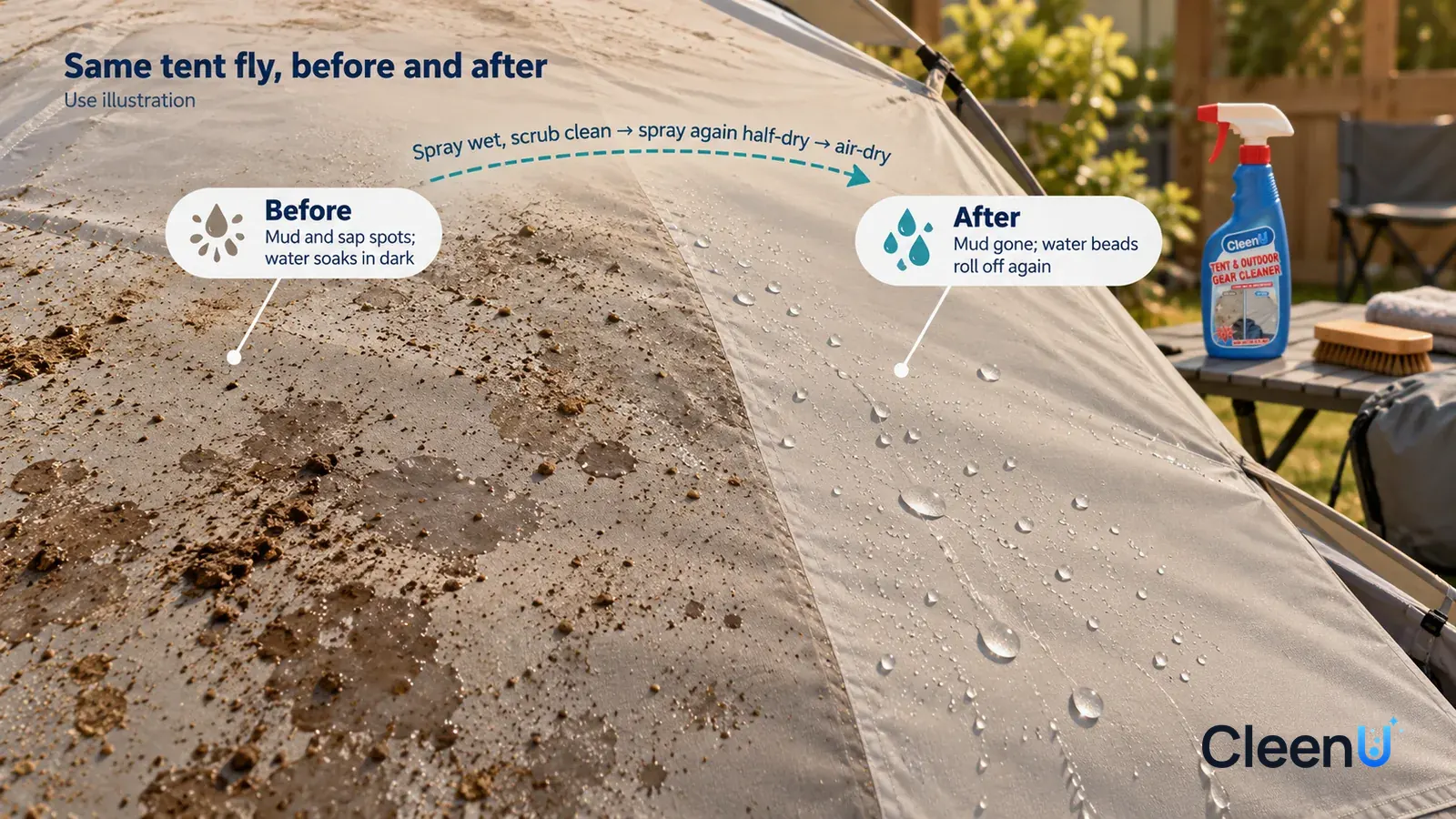 Illustration: CleenU Tent & Outdoor Gear Cleaner — no soil residue or faint marks, preserving the material’s natural finish