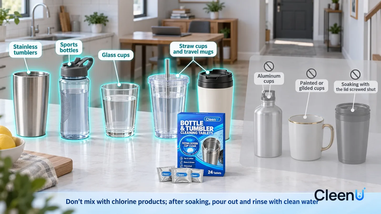 Illustration: CleenU Bottle & Tumbler Cleaning Tablets — A realistic 3D cutaway of a bright home's kitchen, study, and entryway, one continuous space from one viewpoint