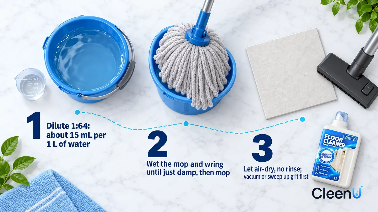 Illustration: CleenU Floor Cleaner Concentrate — an overhead shot straight down onto a light marble tabletop, no bottle and no hands: (1) a small clear measuring cup holding a little clear