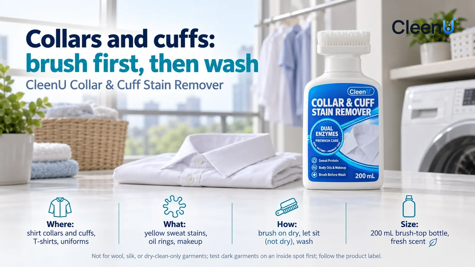 Illustration: CleenU Collar & Cuff Stain Remover, brush head up, stands in the right third of the frame on the balcony laundry cabinet Headline: "Collars and cuffs: brush first, then wash"