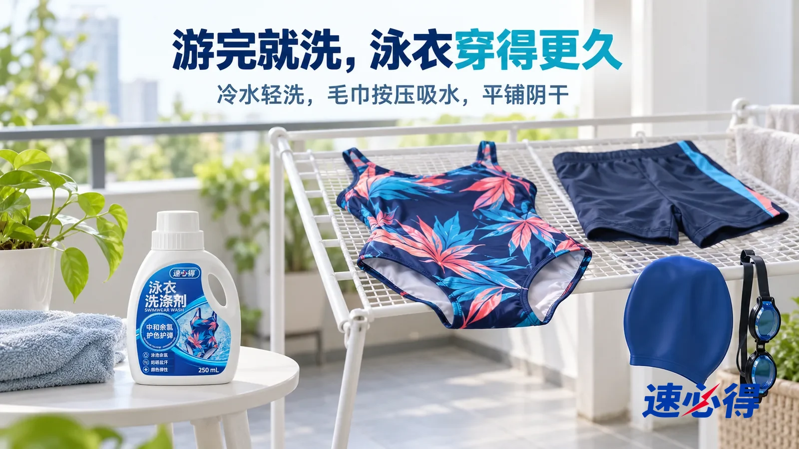 示意图：速必得泳衣洗涤剂——通风明亮的阳台角落，阴凉处的白色网状晾衣架上平铺着一件深色印花连体泳衣和一条泳裤，一旁挂着一顶硅胶泳帽和一副泳镜，柔和的散射光，标题“游完就洗，泳衣穿得更久”