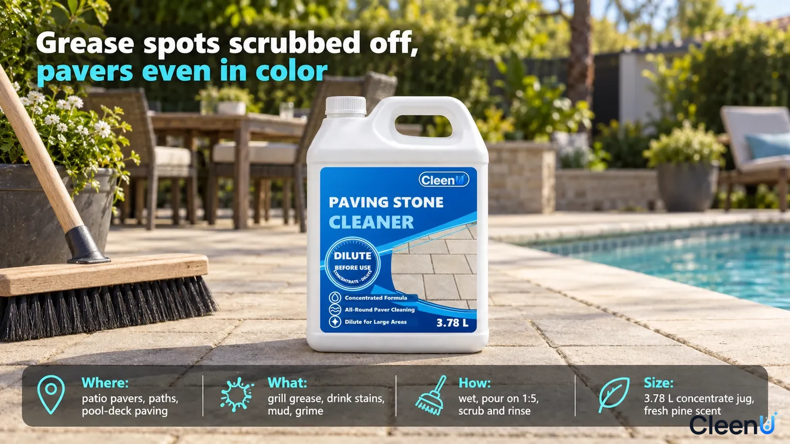 Illustration: A white cleaner jug and long-handled brush on light paving beside a pool.