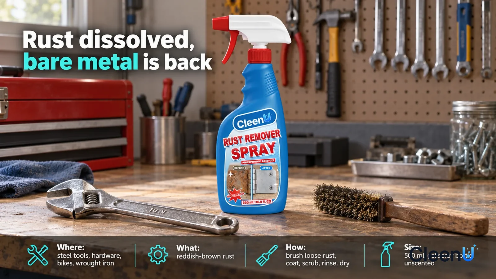 Illustration: CleenU Rust Remover Spray stands centered on the garage workbench, a de-rusted wrench with a faint oily sheen and a wire brush beside it