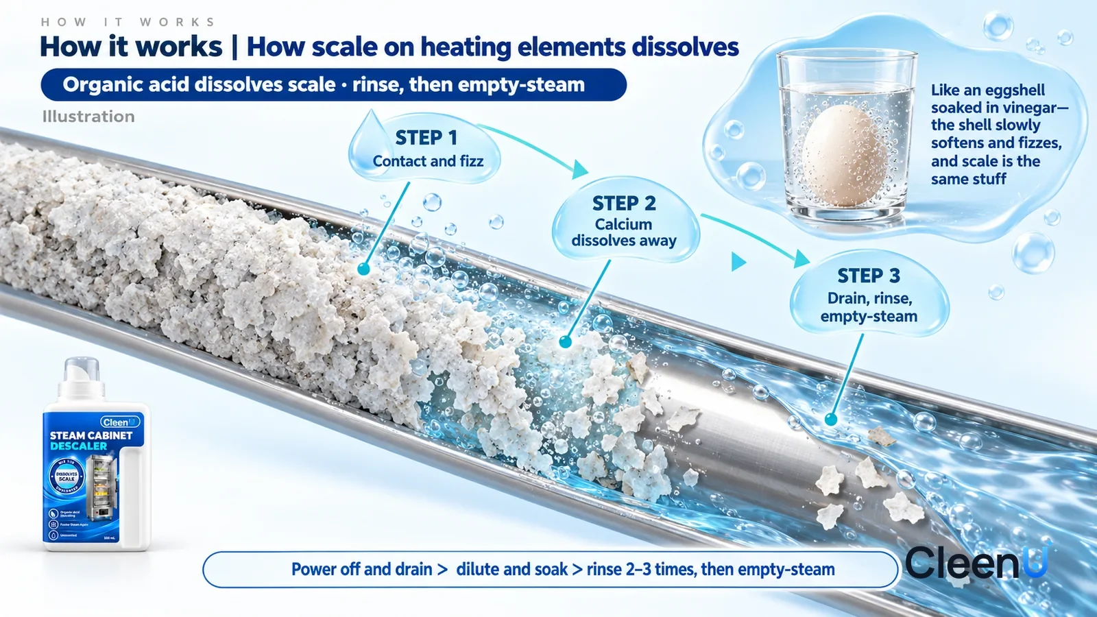 Illustration: CleenU Steam Cabinet & Combi Oven Descaler — an enormously magnified slice of a stainless-steel heating element runs diagonally from upper left to lower right; on the left a thick