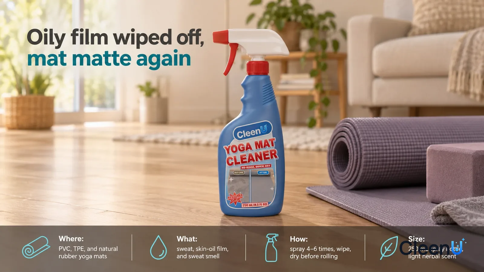 Illustration: CleenU Yoga Mat Cleaner stands centered on the living-room wood floor, beside it a corner of a flat grey-purple yoga mat and a yoga block
