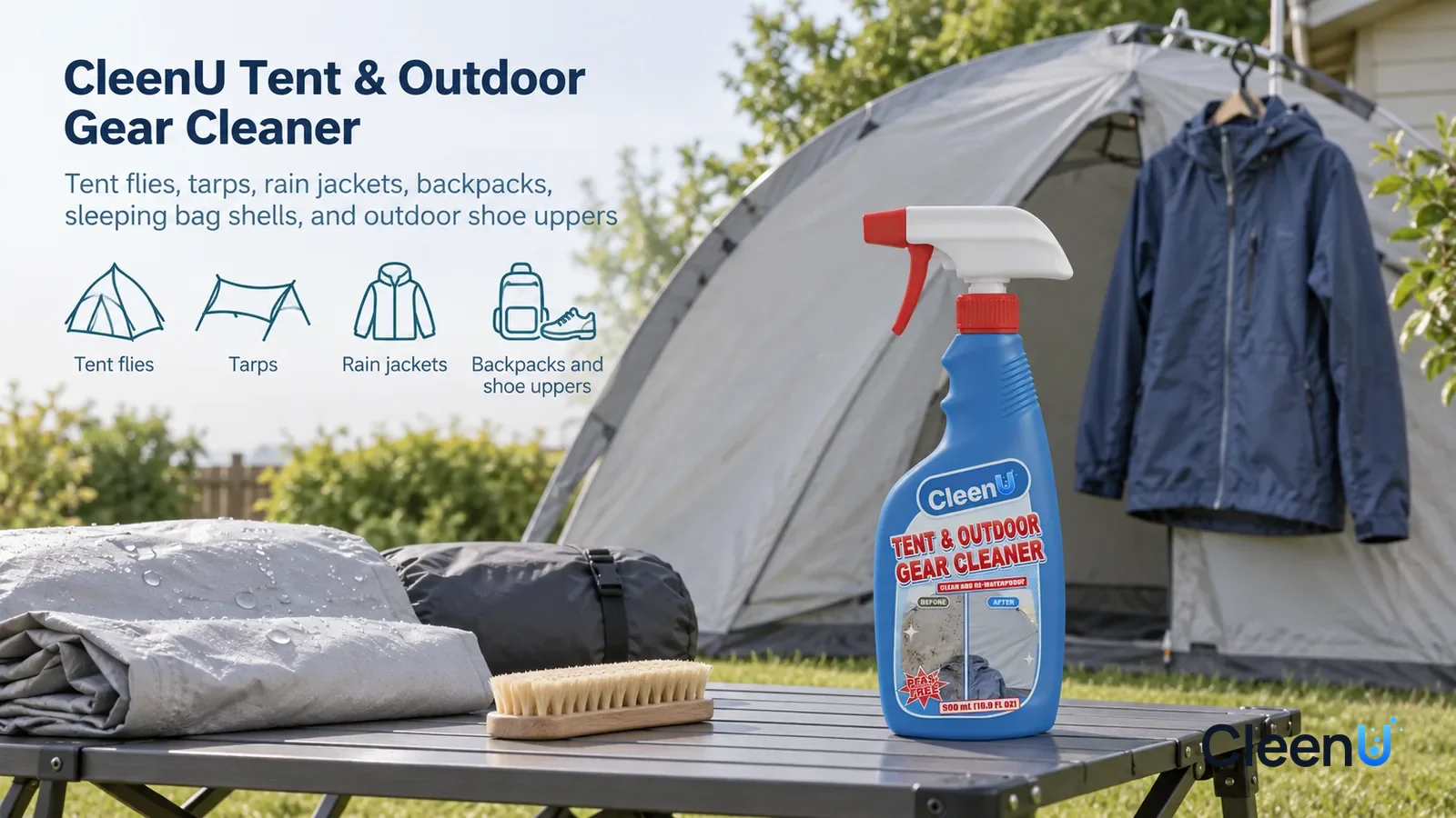 Illustration: CleenU Tent & Outdoor Gear Cleaner — keep one backyard care area, pale-grey two-person tent, folding camp table and soft brush, using the same fabric weave in all samples