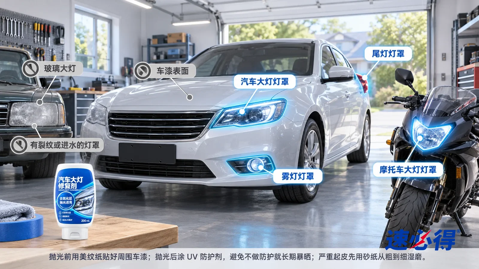 示意图:速必得汽车大灯清洁修复剂——一张写实 3D 剖面实景图,一个明亮的家用车库,连续空间、一个视角,不出现瓶子:家用轿车(无车标、无车牌号码)的塑料大灯灯罩、雾灯灯罩