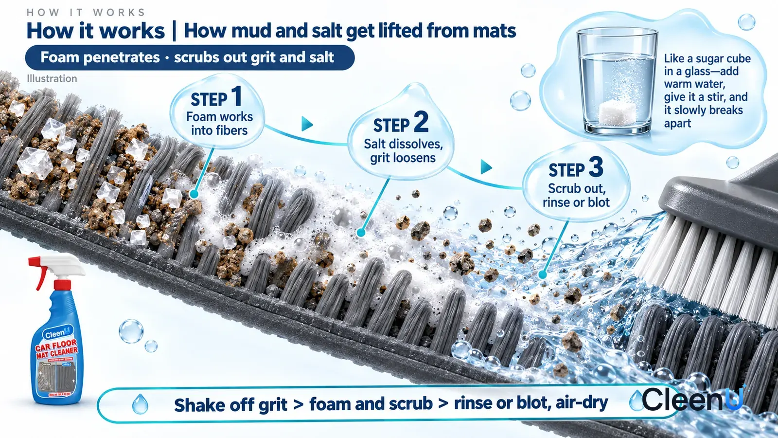 Illustration: CleenU Car Floor Mat Cleaner — an enormously magnified slice of carpet mat fibers runs diagonally from upper left to lower right; on the left, white salt crystals