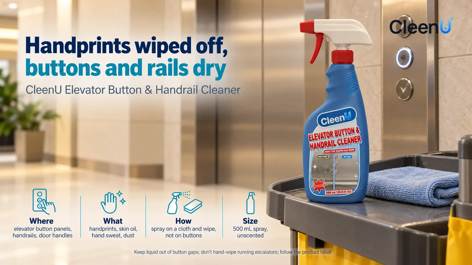 Illustration: CleenU Elevator Button & Handrail Cleaner stands in the right third of the frame on the top shelf of the janitor's cart, a folded pale blue microfiber cloth beside it Headline: "Handprin