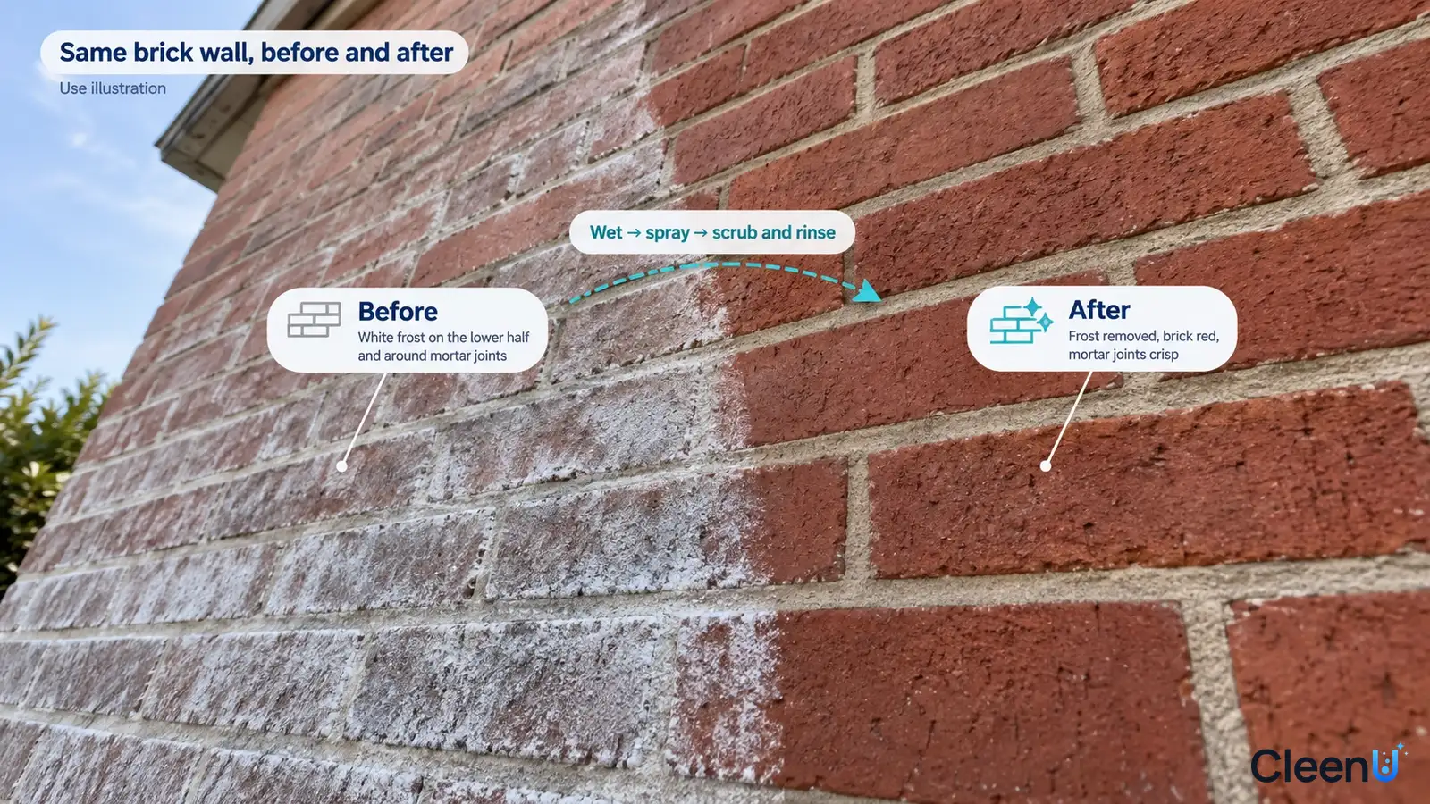 Illustration: White efflorescence and a clearer red brick wall area; not a measured cleaning test.