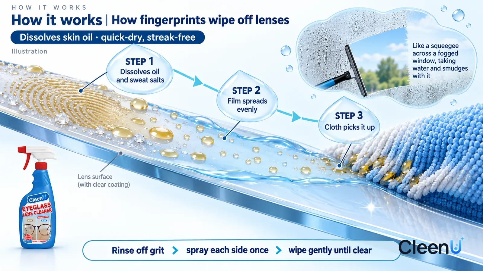 Illustration: CleenU Eyeglass Lens Cleaner — an enormously magnified slice of an eyeglass lens runs diagonally from upper left to lower right