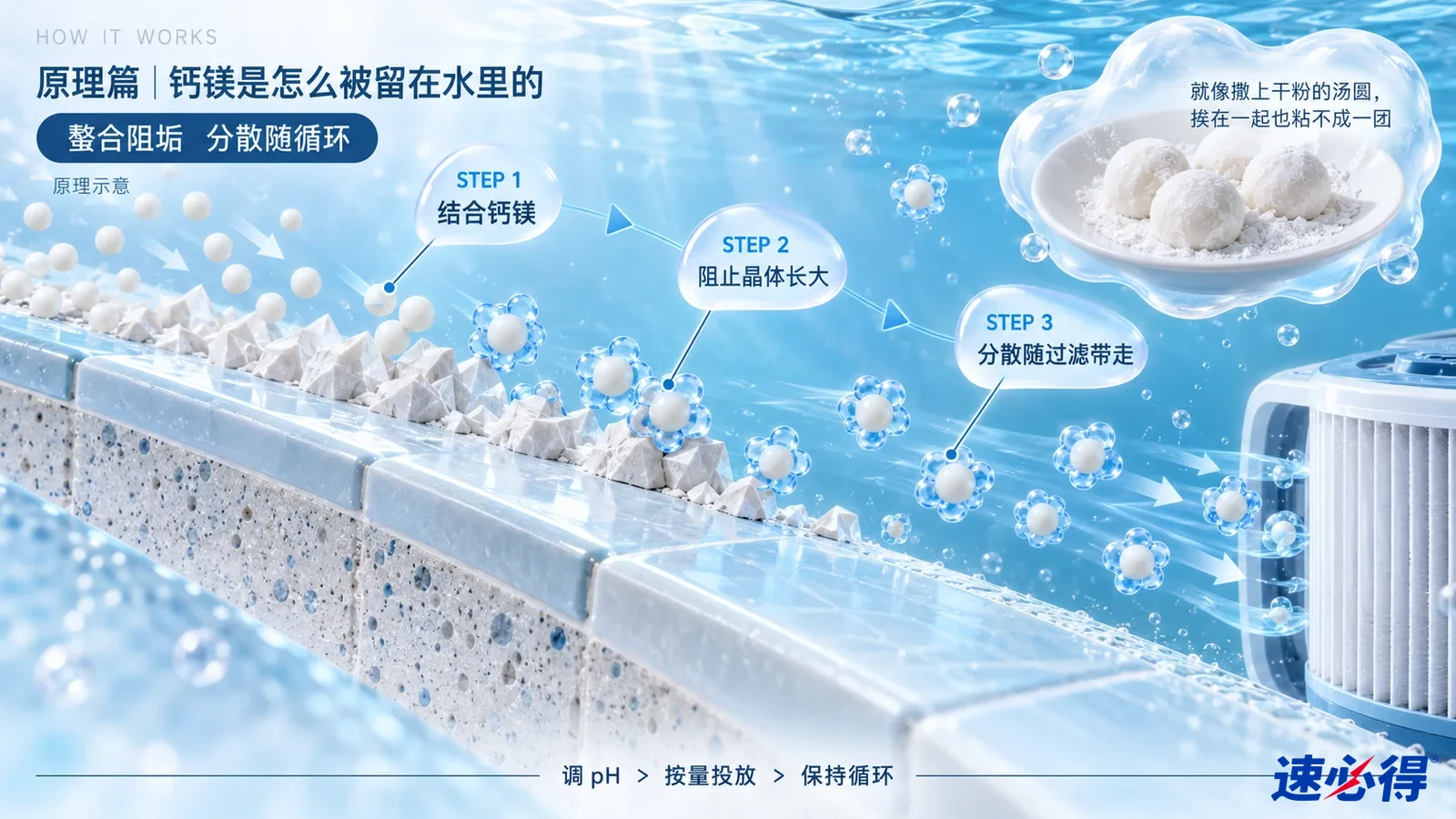 示意图：泳池瓷砖边的白色颗粒、蓝色水体和过滤器。