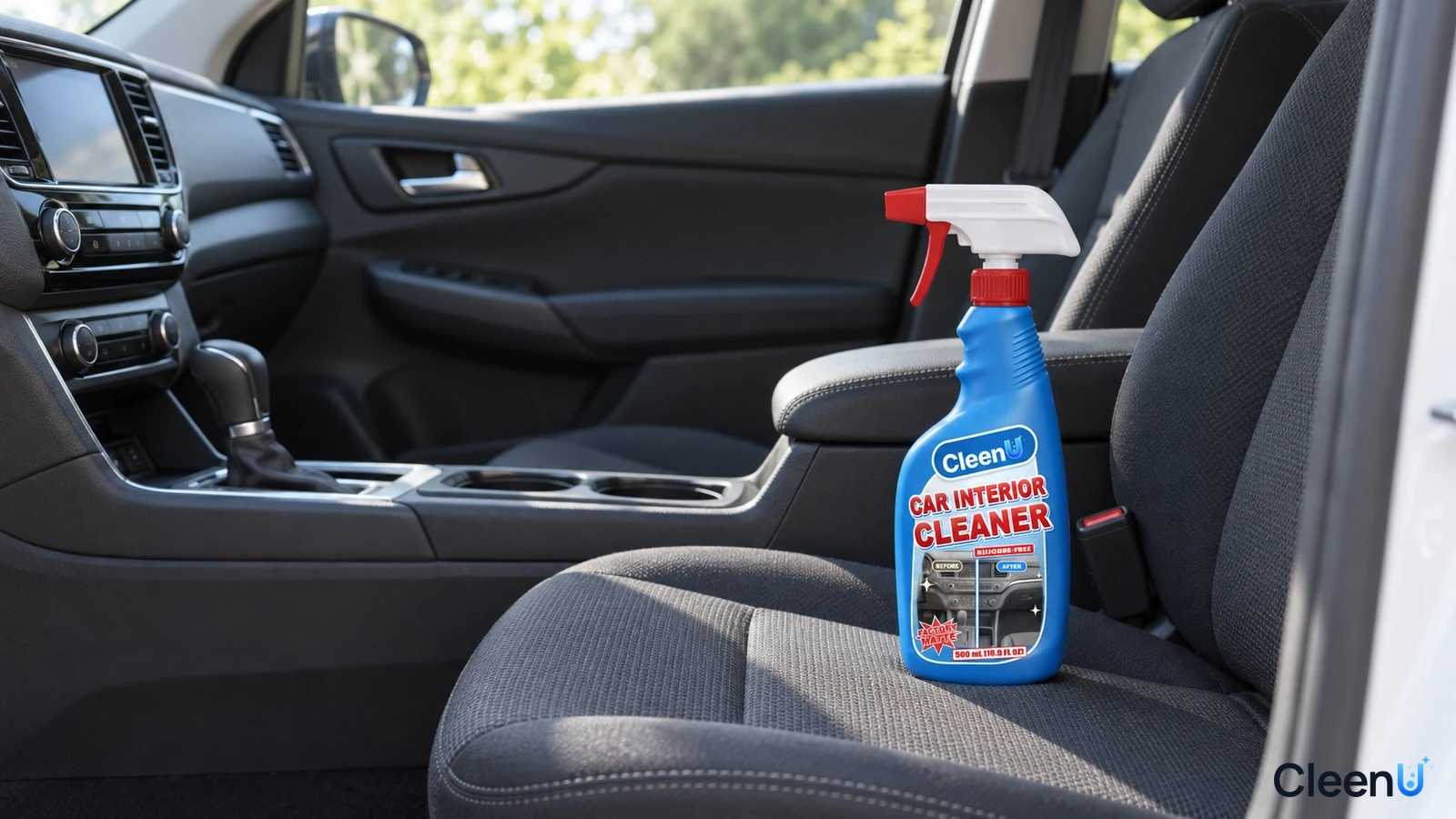 Illustration: A blue cleaner bottle on a front seat in a bright car cabin.
