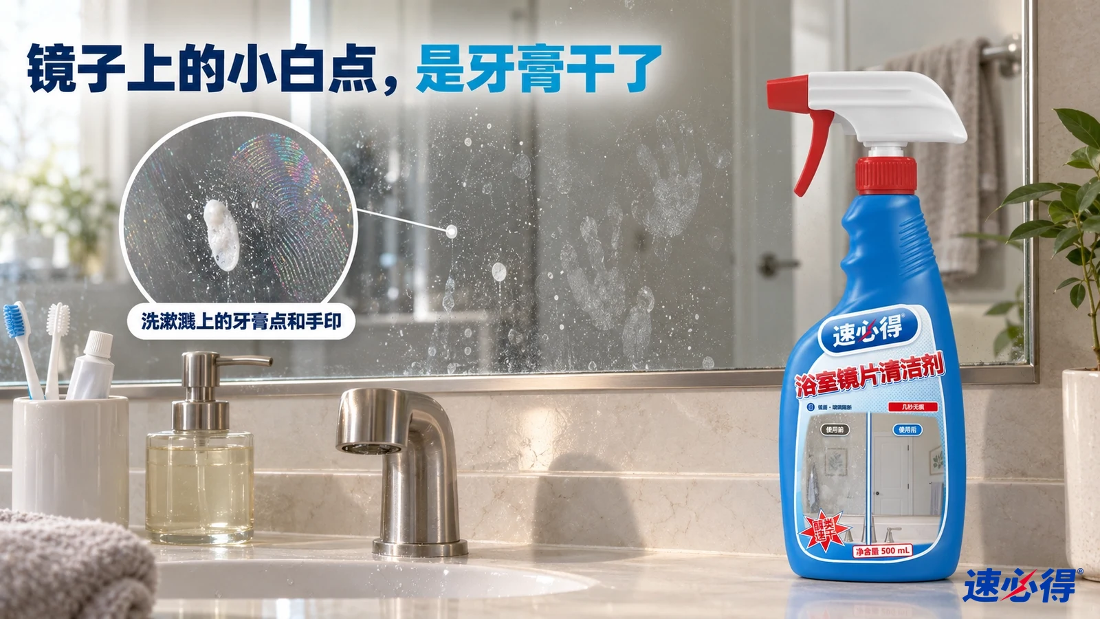 示意图：镜面上有白色牙膏斑点，蓝色浴室镜面清洁剂喷瓶放在洗手台边。