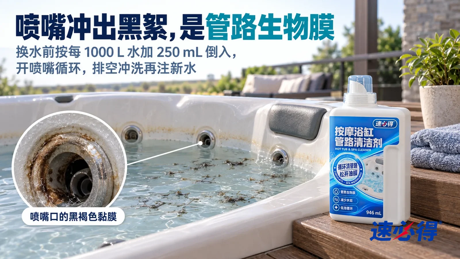 示意图：速必得浴缸 SPA 清洁剂——一个家里的户外露台，一台白色按摩浴缸（无品牌标志），侧光斜照下缸壁喷嘴口一圈黑褐色黏膜、水线上一圈淡黄油膜清楚可见，标题“喷嘴冲出黑絮，是管路生物膜”