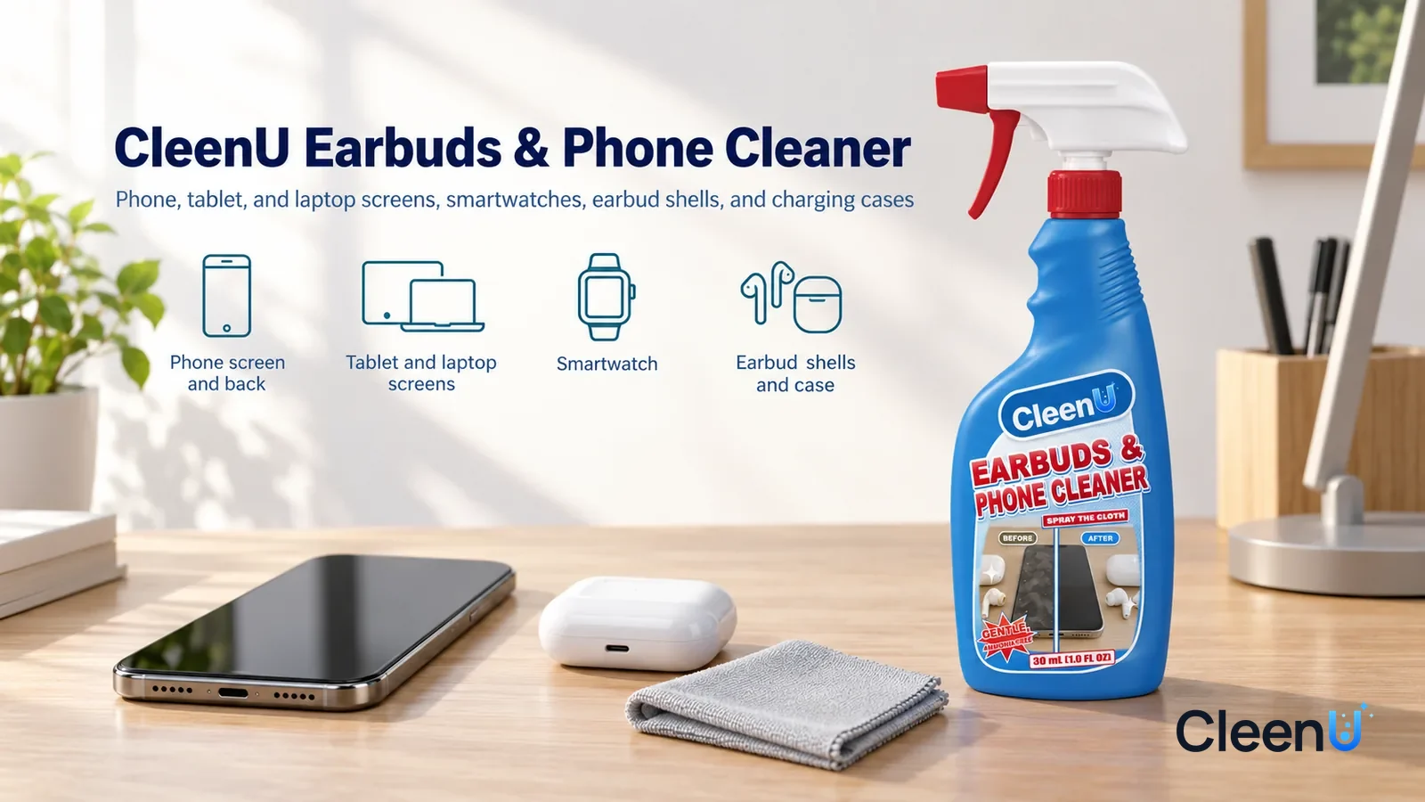 Illustration: CleenU Earbuds & Phone Cleaner — A bright, clean wooden desk, a powered-off generic phone (no logo) with a clean glossy black screen