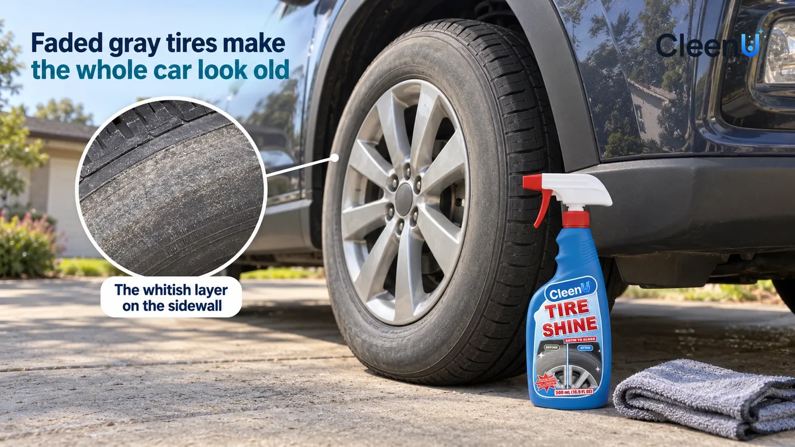 Illustration: CleenU Tire Shine — A home driveway, a freshly washed family SUV (no badges, no license plate number) with a glossy body; in raking light the front tire sidewal