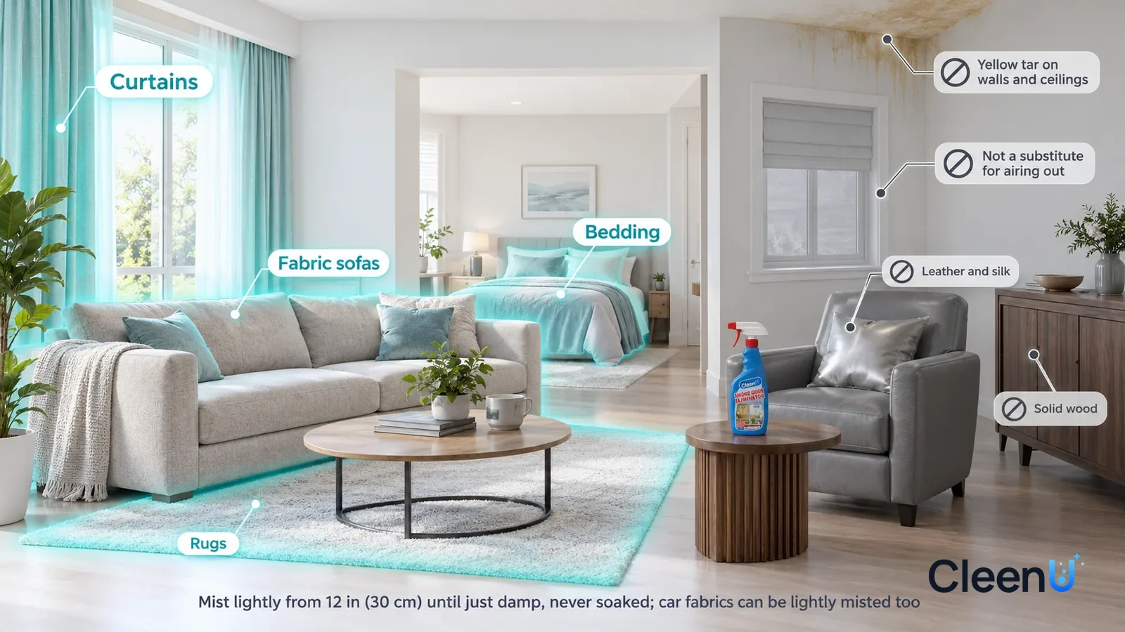 Illustration: CleenU Smoke Odor Eliminator — A realistic 3D cutaway of a bright home's living room and bedroom, one continuous space from one viewpoint, without the bottle: curtains